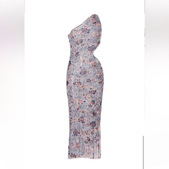 New MISA Los Angeles Aries Dress feathered floral one shoulder draped maxi L - Picture 5 of 15